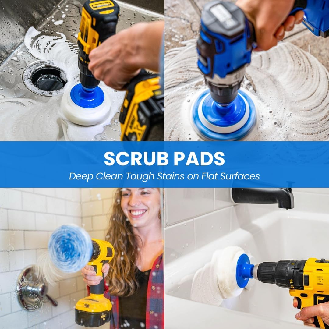 9 Pack Multi-Purpose Home Cleaning Accessory Drill Kit, Bathroom Scrub Pads, Extended Reach Round Brush Attachment Set