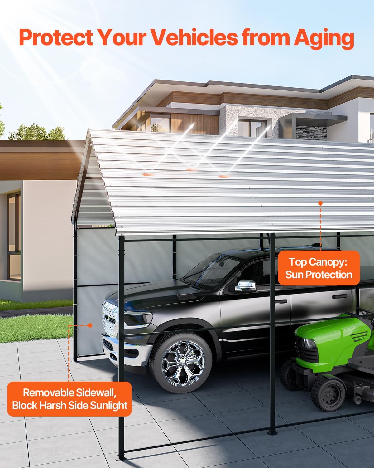 VEVOR Heavy Duty Metal Carport, 13' x 26' Outdoor Carport with Galvanized Steel Frame & Roof, Car Tent Garage Shade with Removable Sidewalls, Multi-Use Car Shelter for Pickup, Boat, Car & Tractors