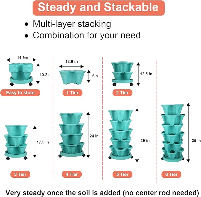 Vertical Planter 6 Tier Stackable Planters Garden Planters Strawberry Herb Flower and Vegetable Planter Indoor Outdoor Gardening Pots with Removable Wheels and Tools