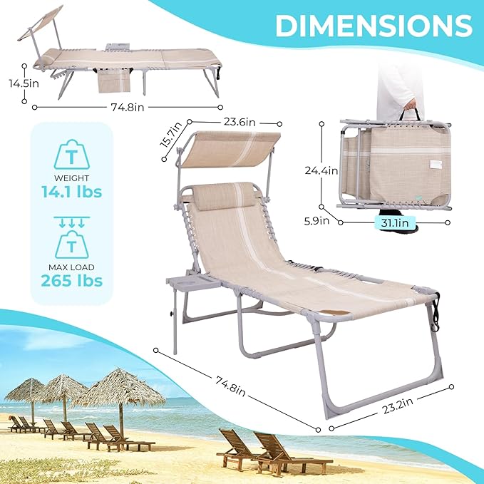 #WEJOY 4 in 1 Tanning Chair with Face Hole & Canopy & Side Table, 5 Positions Adjustable Folding Waterproof Facedown Chaise Lounge with Pillow Quick Dry for Beach Pool Outdoor Camping Patio (Khaki)