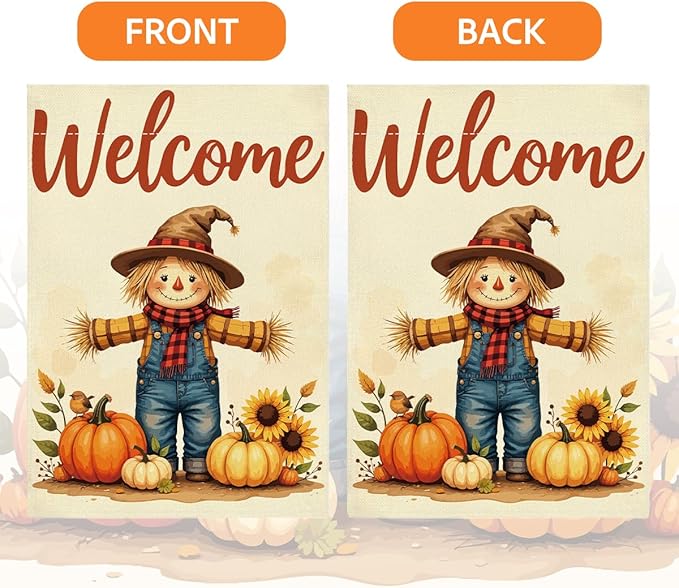 Fall Welcome Garden Flag Autumn Thanksgiving Scarecrow Garden Flag 12x18 inch Double Sided Fall Thankful Flags Holiday Decorations for Yard Lawn Patio (Flay 1810)