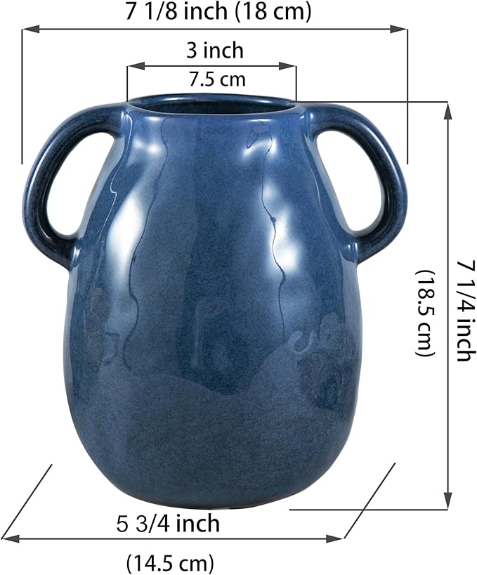Blue Ceramic Vase with 2 Handles - Modern Farmhouse Rustic Terracotta Decorative Clay Boho Vase for Pampas Grass and Home Decor