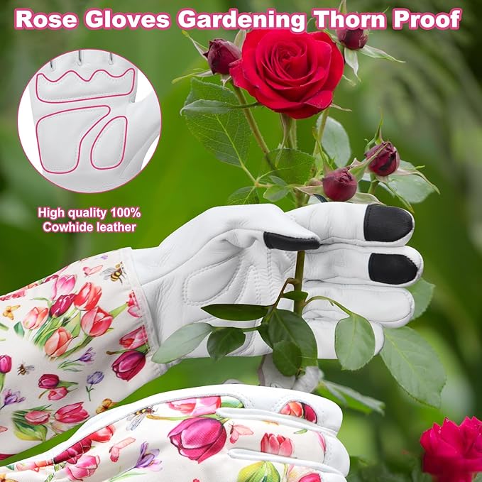 DLY Gardening Gloves for Women, Rose Gloves Gardening Thorn Proof, Long Garden Gloves for Women, Breathable Cowhide Leather Gauntlet(X-Large,White)