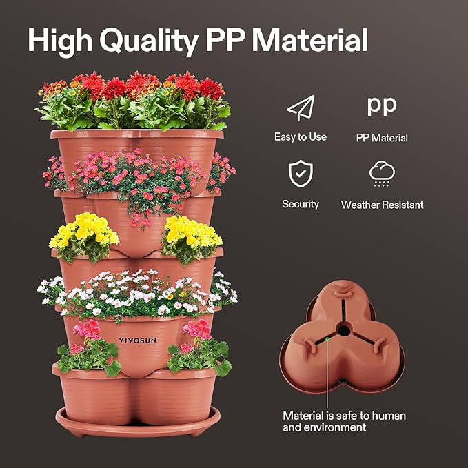 VIVOSUN 2-Pack 5 Tier Vertical Gardening Stackable Planter for Strawberries, Flowers, Herbs, Vegetables, Brown