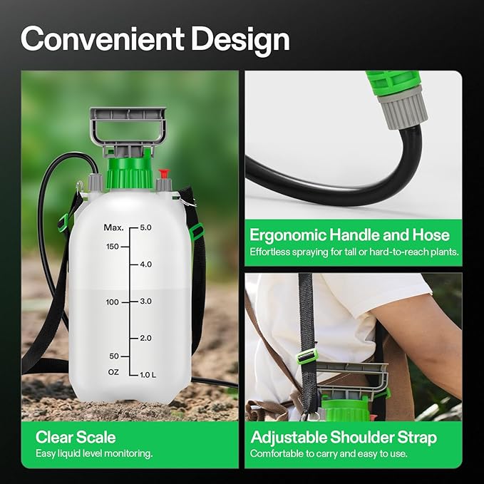 VIVOSUN Pump Sprayer 1.35 Gallon, Portable Water Spray Bottle in Lawn and Garden Yard, Weed Sprayer for Plants with 3 Nozzles, Adjustable Shoulder Strap, Pressure Relief Valve