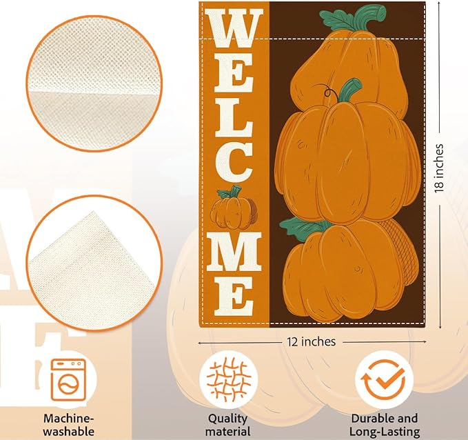 Welcome Fall Garden Flag Autumn Pumpkin Garden Flag 12x18 Inch Double Sided Fall Thanksgiving Holiday Decorations for Yard Home Porch Patio (Flay 1812)