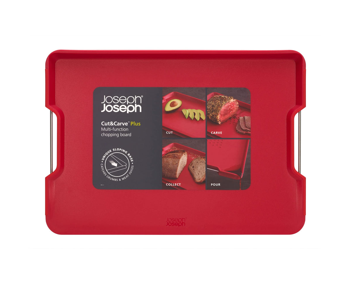 Joseph Joseph Cut&Carve Plus - Non-Slip, Multi-Function, Double-Sided Cutting Board for Food Preparation and Carving- Dishwasher Safe, Red