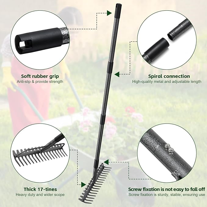 49'' Bow Rake ，17 Tines Metal Head Rakes with Stainless Steel Handle，Heavy Duty Garden Rake for Loosening Soil Gathering Leaf Leveling Lawn Farming Land Management Yarn Thatch Rake