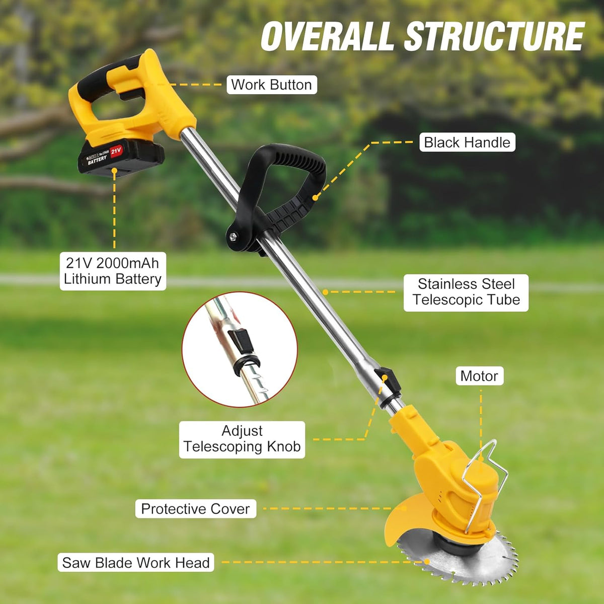 21V Electric Weed Wacker Cordless Grass Trimmer with 2x2000mAh Batteries & Fast Charger, 3 in 1 Stringless Lightweight Brush Cutter/Edger/Mower with 3 Types Blade & Wheels for Garden and Yard Lawn