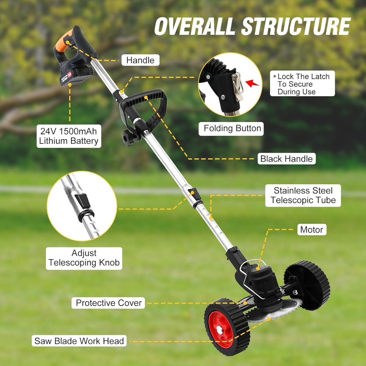 ALSO GO 24V Electric Weed Wacker Grass Trimmer with 2 pcs Batteries & Fast Charger, 3 in 1 Stringless Lightweight Brush Cutter/Edger/Mower with 3 Types Blade & Wheels for Garden and Yard Lawn