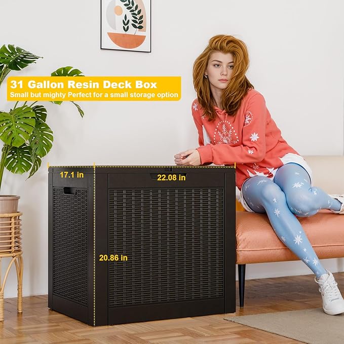 31 Gallon Waterproof Outdoor Storage Box,Resin Deck Box,Lockable Outside Storage Box Container for Patio Furniure,Garden,Pool Tools (Black)