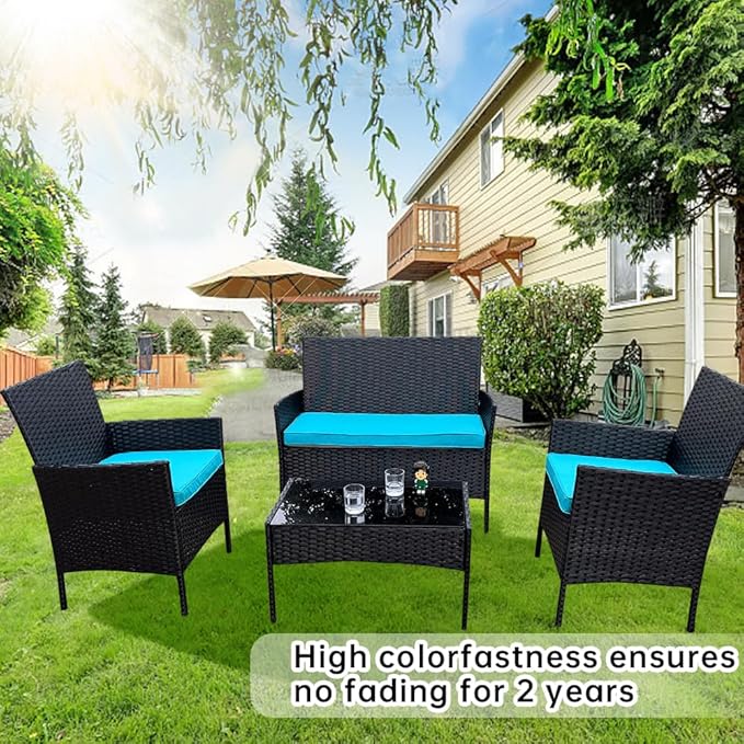 3-Pack Outdoor Patio Furniture Replacement Cushions Set–High-Elastic Sponge Cushions Fit 4-Piece Wicker Rattan Sofa, Loveseat & Chairs, 36x18x2 & 18x18x2, Waterproof, Fade-Resistant (Lake blue)