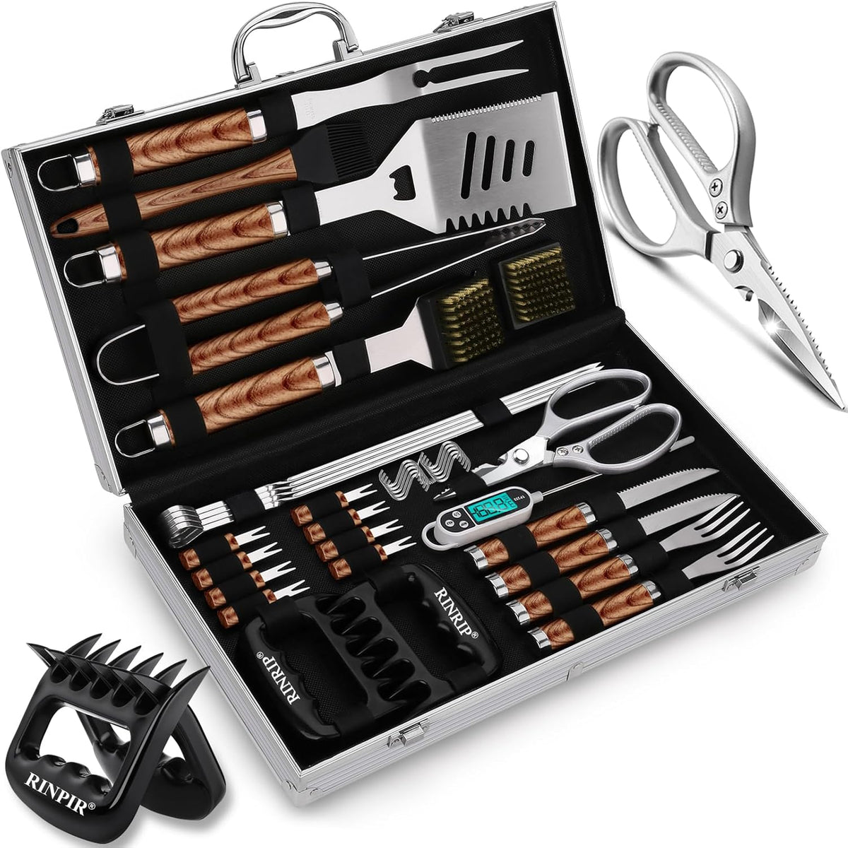 35pcs Deluxe Grilling Gifts Set for Birthday Fathers Day, Stainless Steel BBQ Accessories Kit for Men Dad, Professional Grill Tools Utensils with Scissors, Meat Claws in Aluminum Case Brown