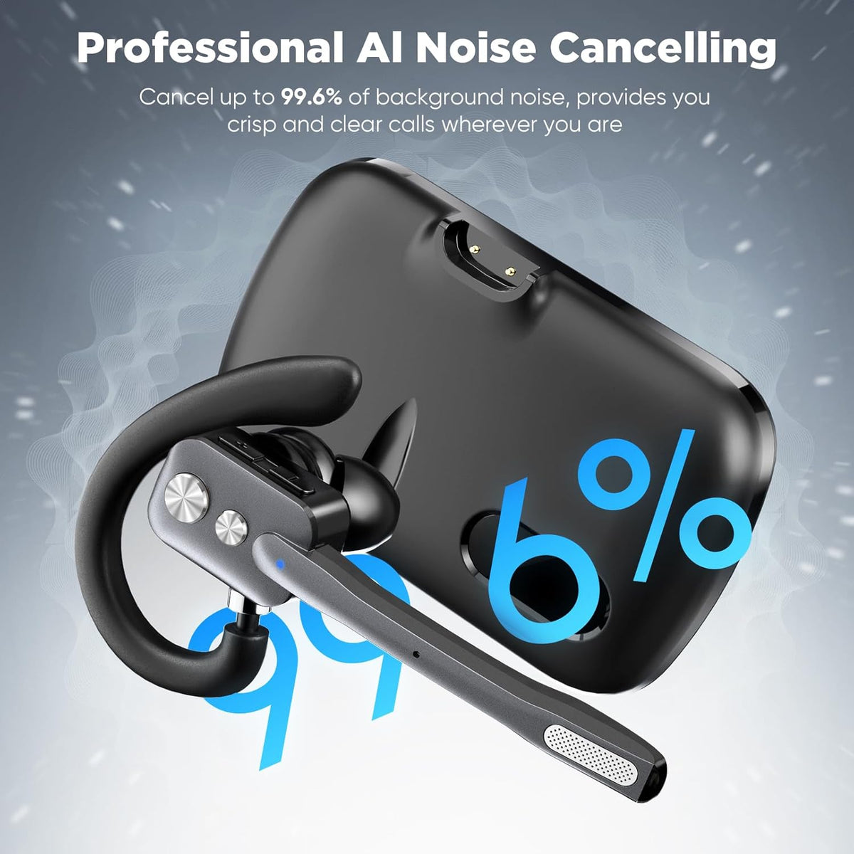 Bluetooth Headset, Wireless Bluetooth Earpiece with Dual-Mic & Noise Canceling, Single Ear Headset with Mute for Business, Remote Work, V5.3 Hand-Free headset for iOS Android Cell Phone (Gray)