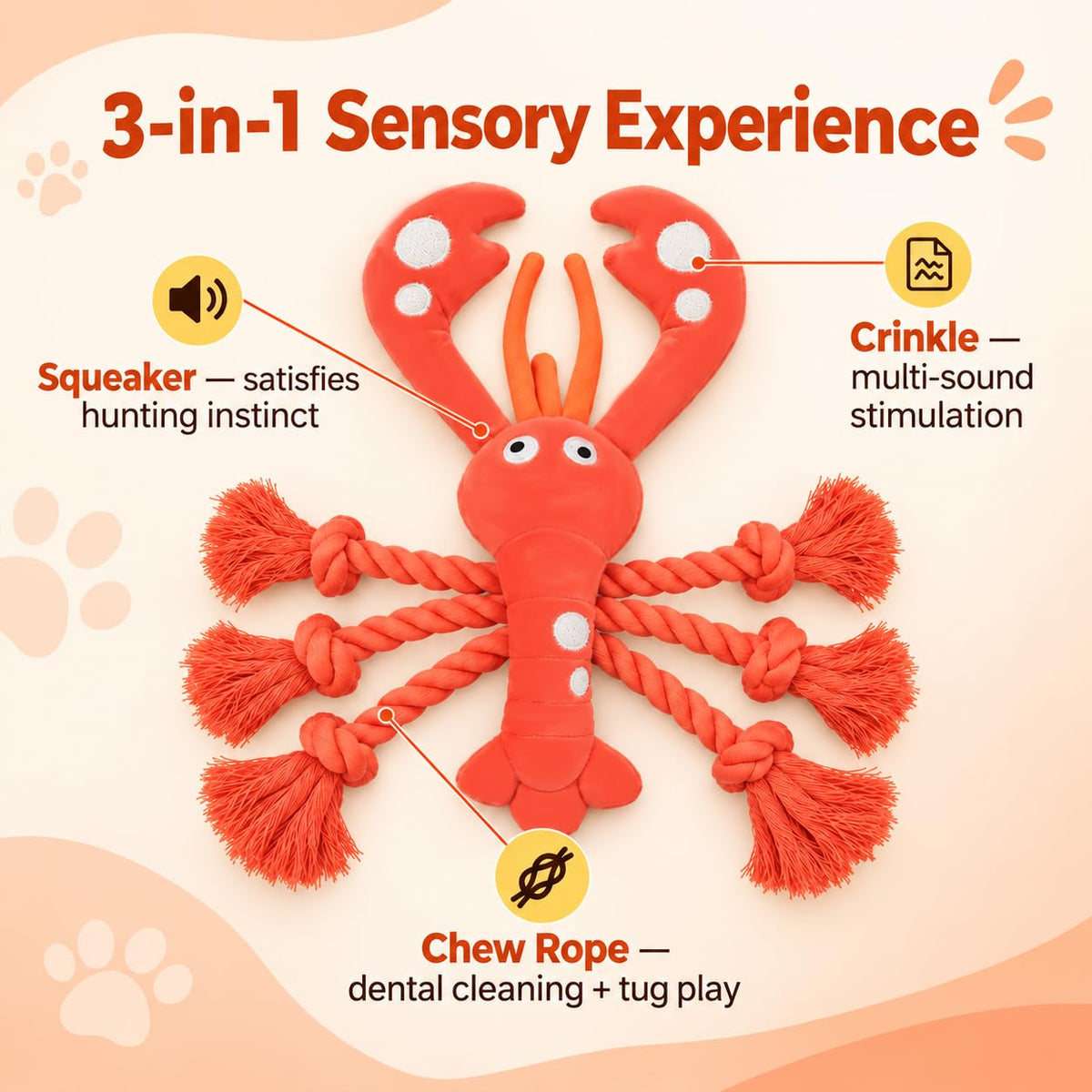 Dog Squeak Toys, Plush Lobster Dog Toy with 6 Rope Legs for Tug of War