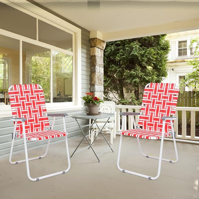 VINGLI Patio Lawn Webbed Folding Chairs Set of 2, Outdoor Beach Chair Portable Dining Chair for Yard, Garden (Red, Classic)