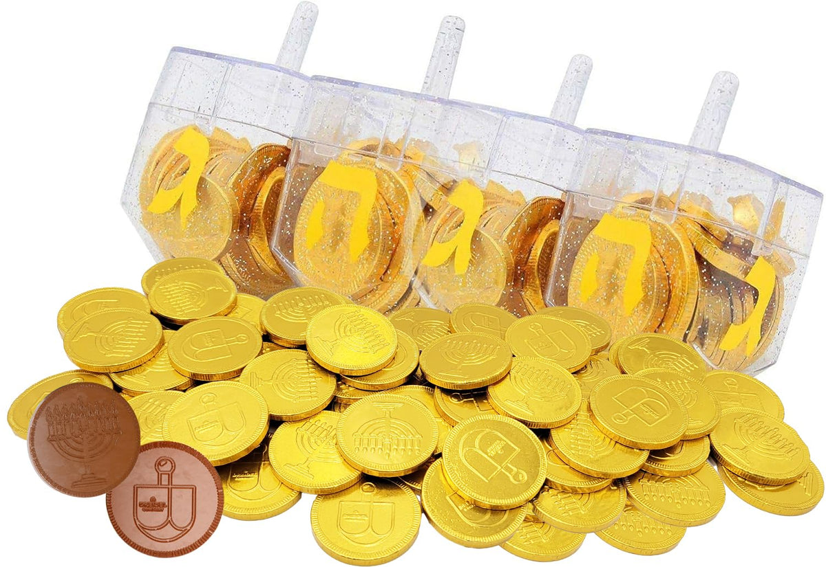 The Dreidel Company 6-Pack Dreidel Filled with Hanukkah Chocolate Gelt Coins with Menorah and Dreidel Design Kosher 6 Dreideld Filled with Ten Coins