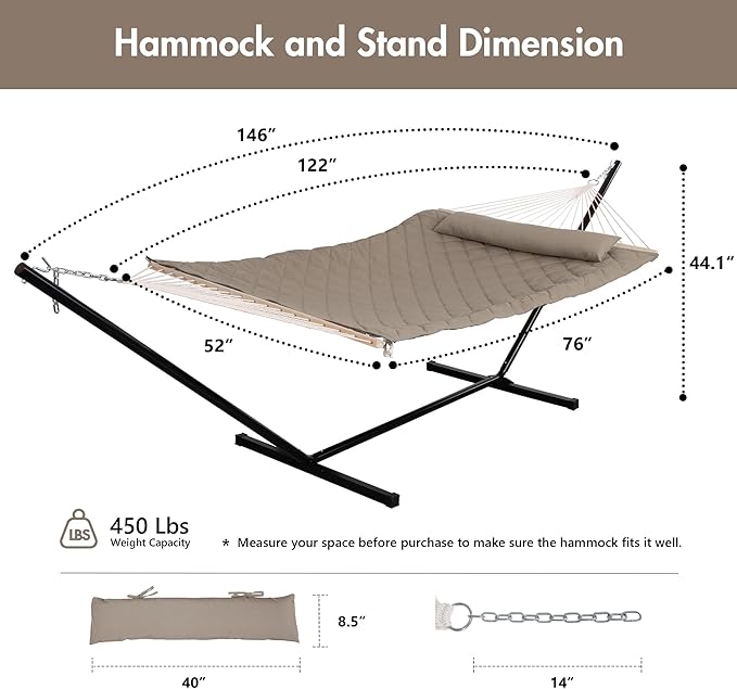 ANOW 2 Person Hammock with 12FT Heavy Duty Steel Stand, Double Rope Hammock with Detachable Pillow and Pad for Outdoors Indoors, 450 LBS Weight Capacity, Light Brown