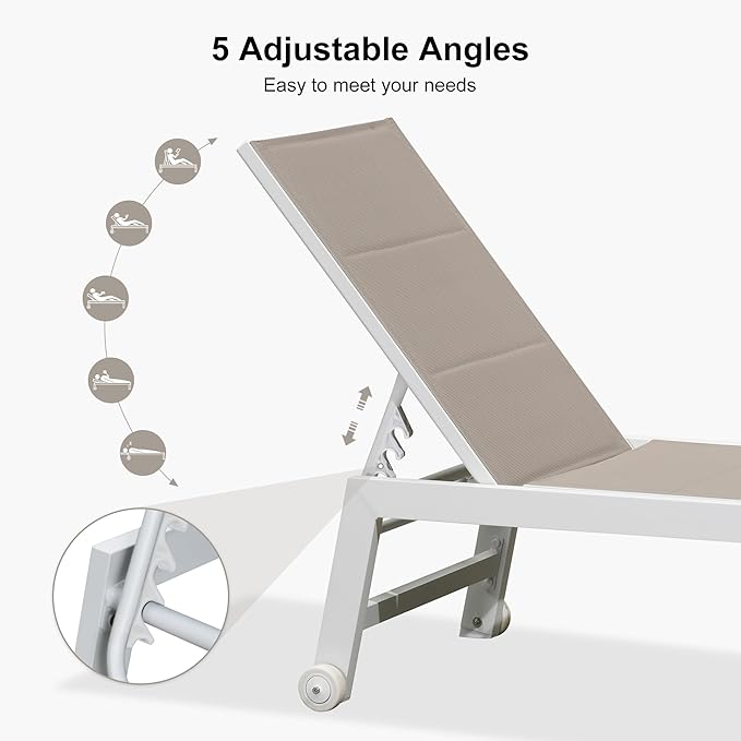 PURPLE LEAF Outdoor Chaise Lounge Set Oversize Adjustable Sunbathing Recliner Extra Wide Lounge Chairs with Side Table for Poolside Beach Outside Patio Aluminum Chaise Lounger Khaki