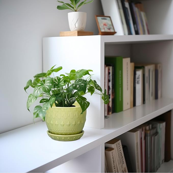 G EPGardening Ceramic Planter 5.5 Inch - Boho Plant Pot Indoor with Drainage Hole and Saucer, Round Flower Succulent Pot for Plants, Plant Lovers Gifts, Garden Office House Decor, Green