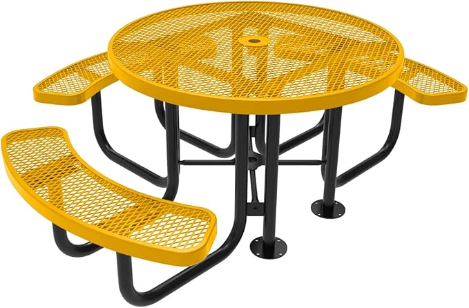 Heavy-Duty Portable Outdoor Picnic Table with Umbrella Hole, Expanded Metal Patio Dining Furniture Made in America (46" Round Top, Textured Yellow)