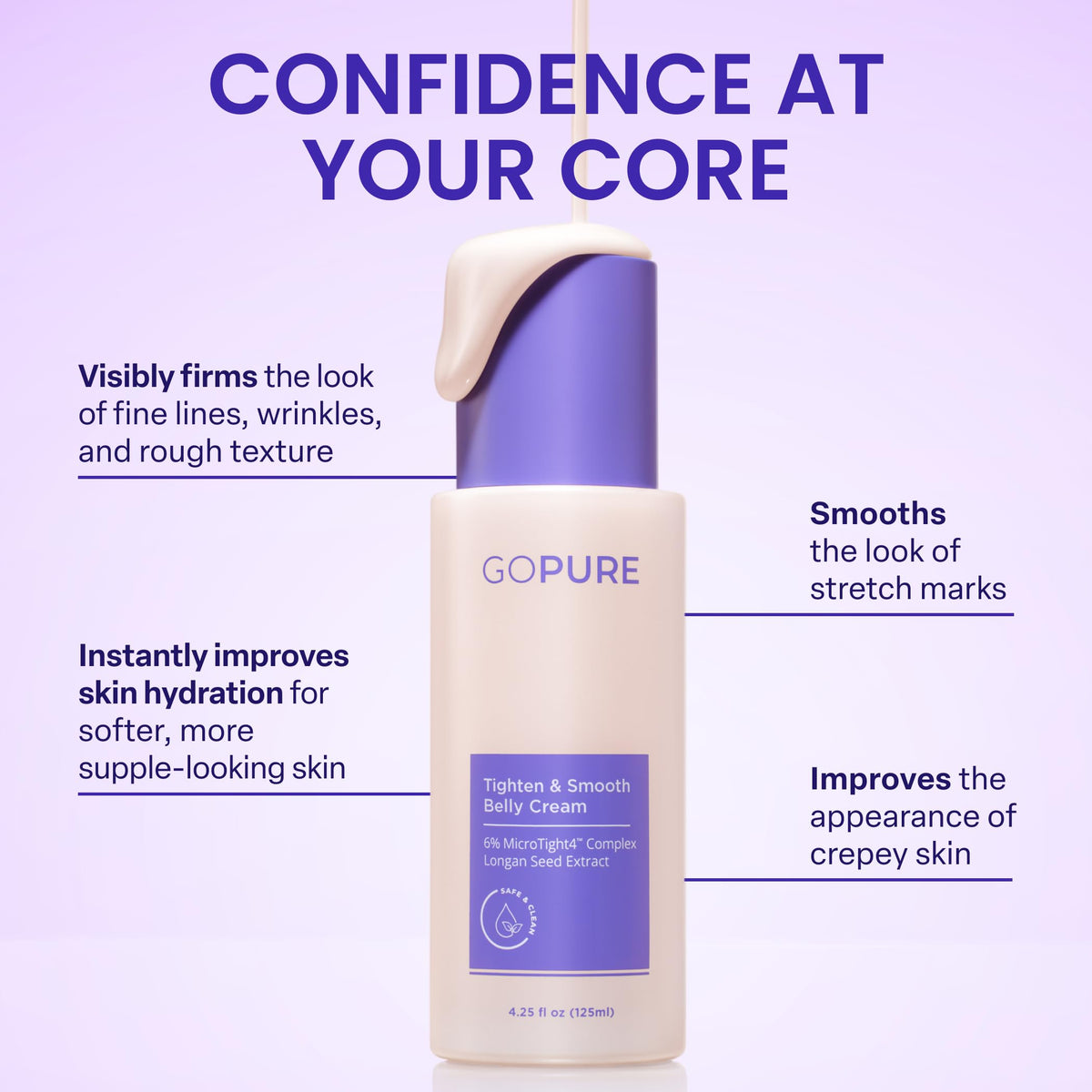 GOPURE Tighten & Smooth Belly Cream - Clinically Tested with MicroTight4 Complex to Reduce the Appearance of Cellulite & Stretch Marks - Quick Absorbing for Smoother, Firmer-Looking Skin, 4.25oz