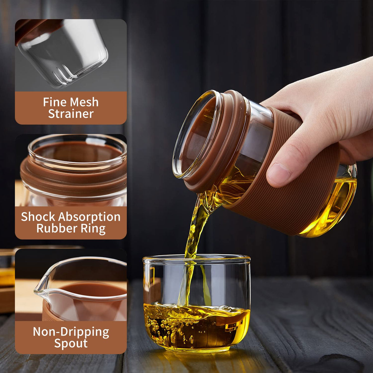 DOPUDO Glass Teacup Infuser Set, Portable Glass Tea Pot with 1 Strainer, 2 Cups, 1 Master Mug, Clear Borosilicate Glass, 5.1 oz Capacity, Brown