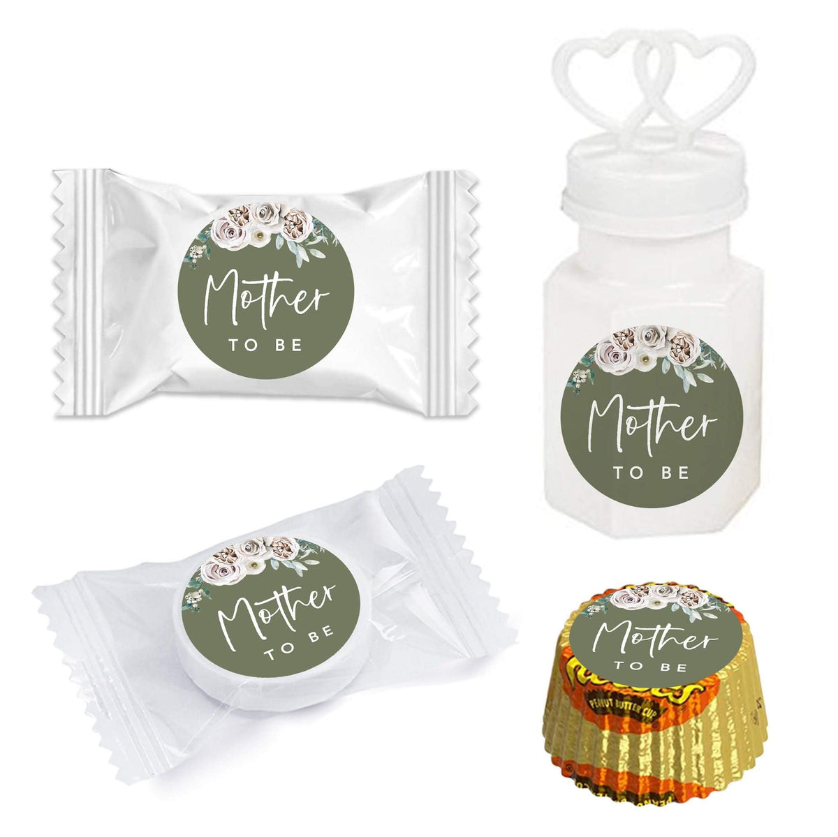 Andaz Press Sage Green with Cream Floral Blossoms Fall Baby Shower Party Collection, Chocolate Drop Label Stickers Trio, Mommy to Be, Floral Bouquet