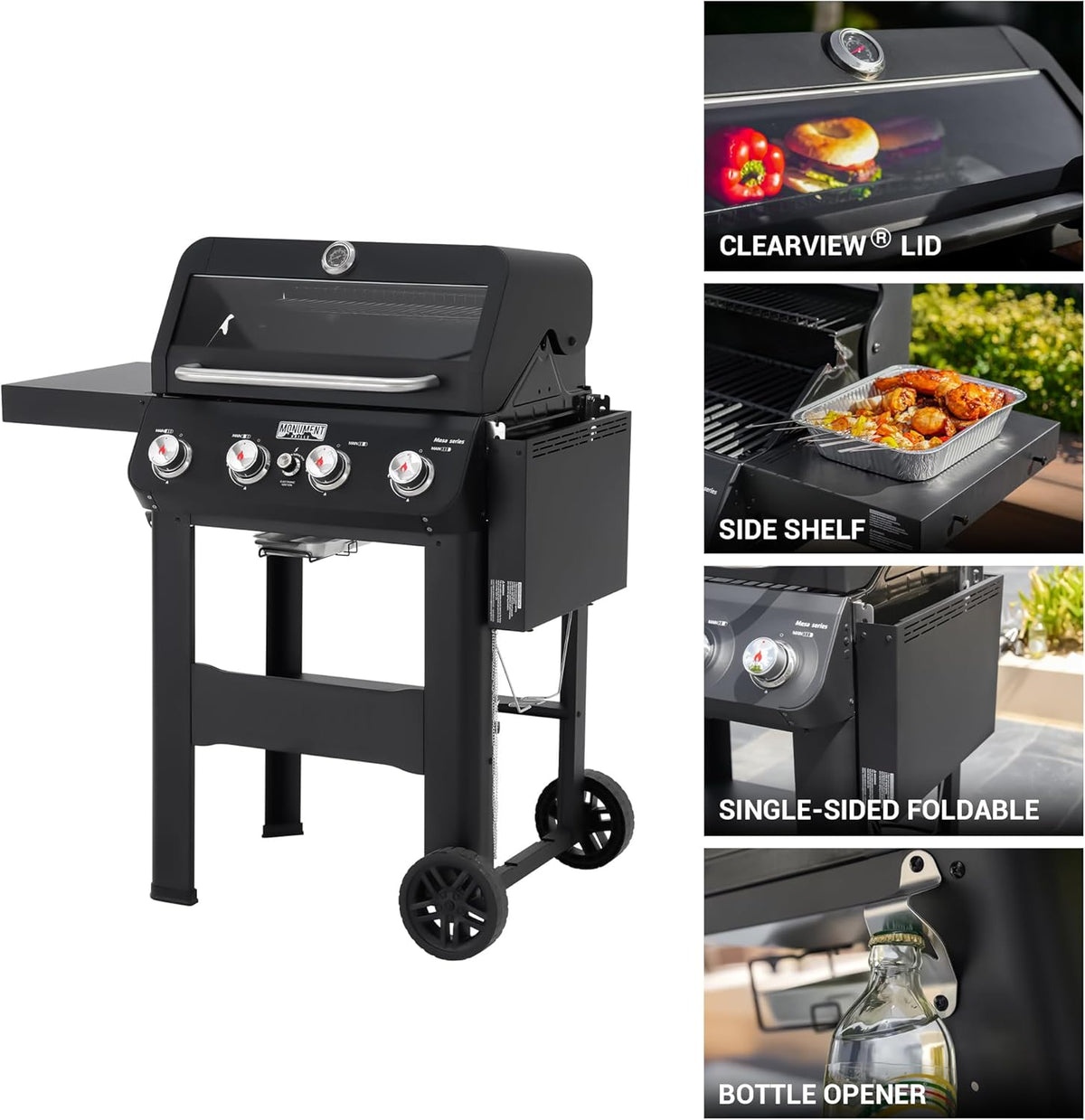 Monument Grills 4-Burner Liquid Propane Gas Grill, Matte Black Stainless Steel Burner Grill with Clearview® Lid, One Foldable Shelf for Outdoor Cooking Kitchen Patio Backyard, Mesa420MF with BBQ Cover