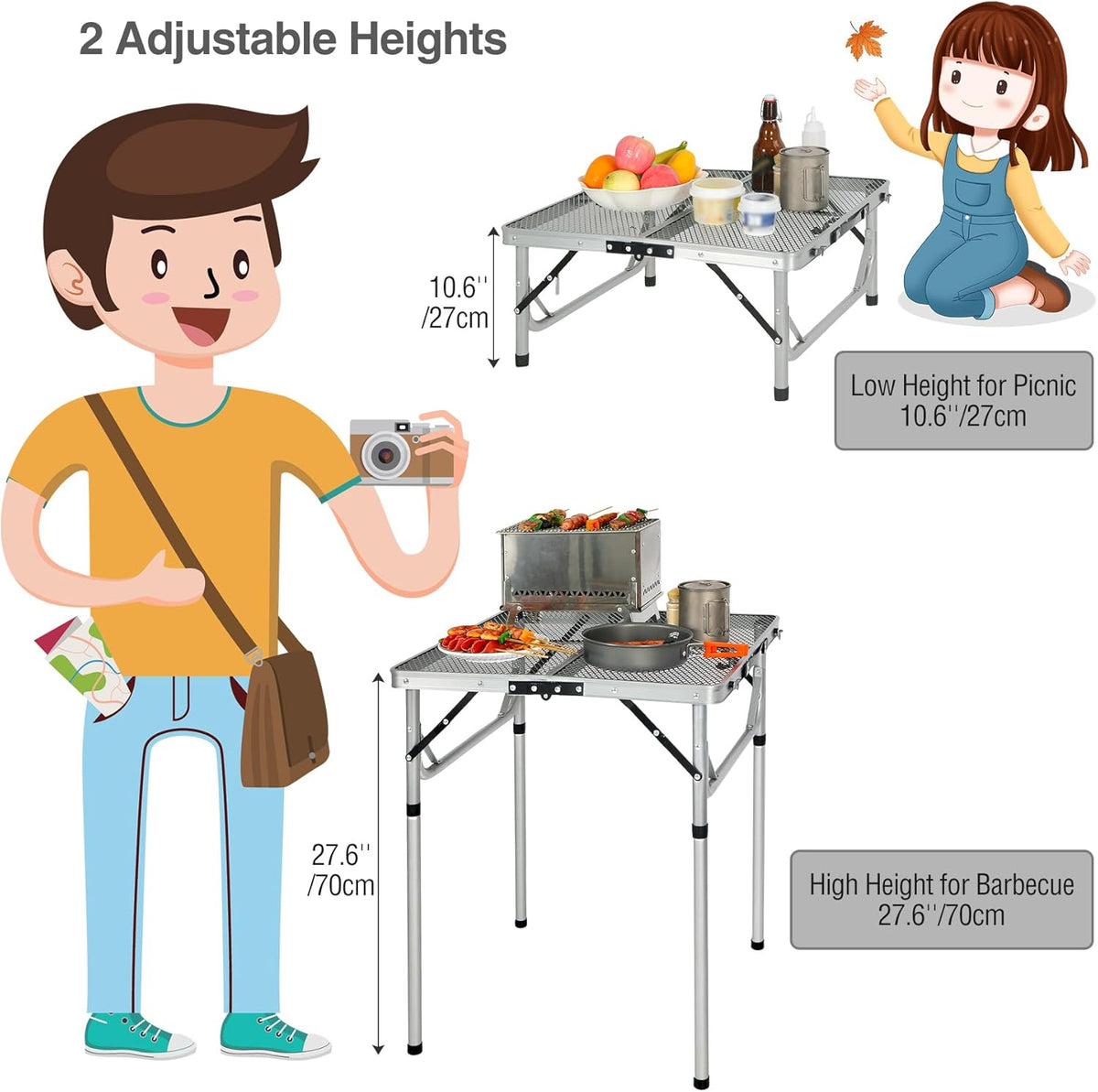 REDCAMP 24" Square Folding Grill Table for Outside, Lightweight Portable Metal Aluminum Outdoor Grill Table with Adjustable Height Legs, Great for Camping Picnic Cooking BBQ, Silver 2ft