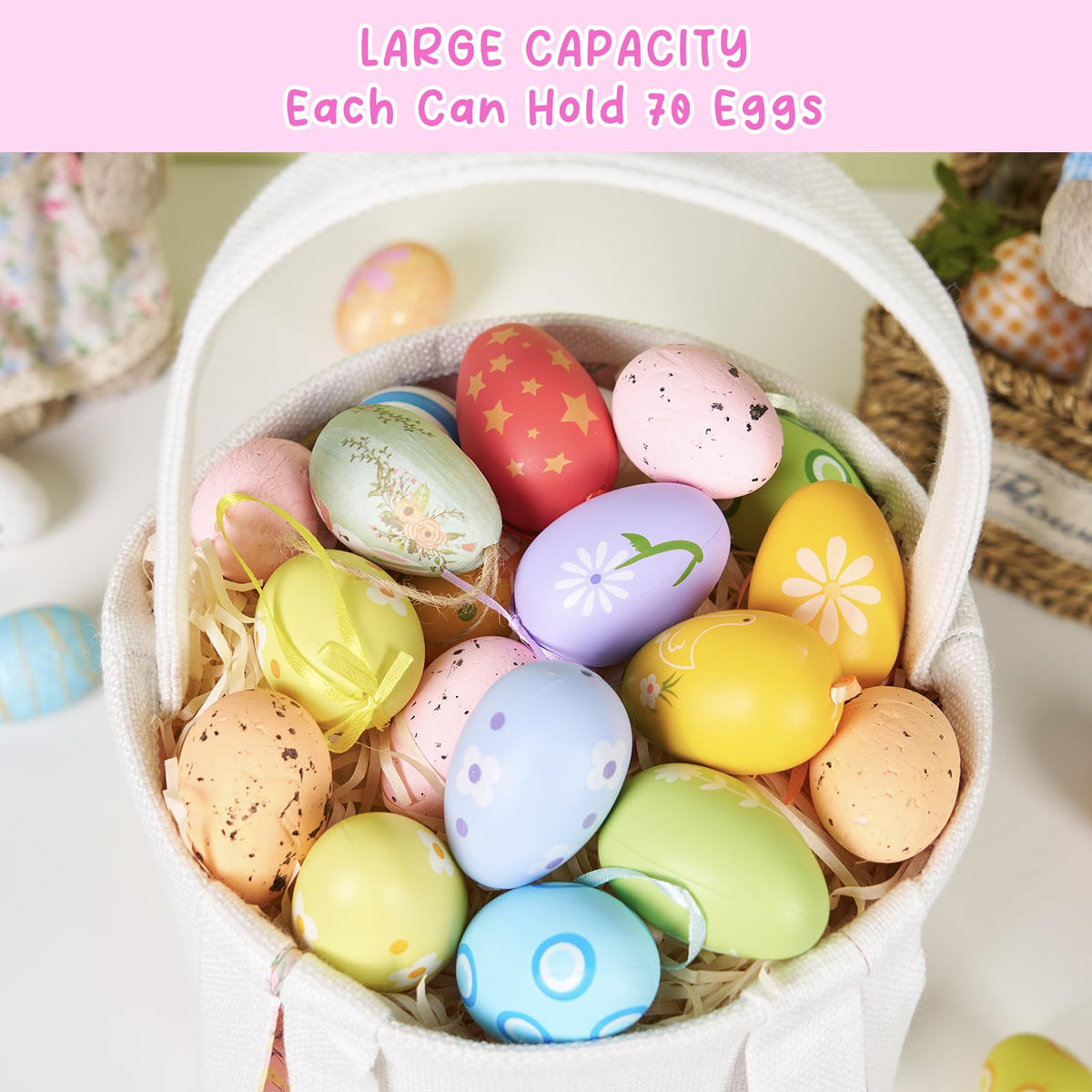 Easter Baskets Set of 2 With Wooden Tag Bunny Egg Basket Gingham Bucket Candy with Handle Tote Reusable Goody Baskets Gifts Bags