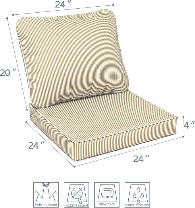 LVTXIII Outdoor Deep Seat Cushion Patio Seat and Back Cushion Set Seasonal Chair Cushion with Removable Cover and Adjustable Buckle for Home and Garden, 24"x24"x4", Strip Beige