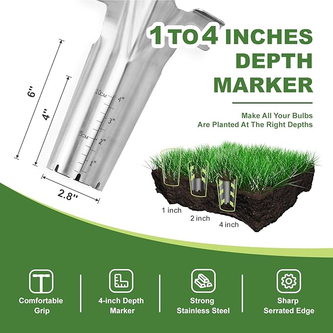 Long Handled Bulb Planter Tool, 37'' Bend-Proof Stainless Steel Bulb Planter, 4'' Depth Marks Long Handled Hole Digger, Bulb Planter with Comfortable T-Shaped Long Wood Handle for Planting Tulips