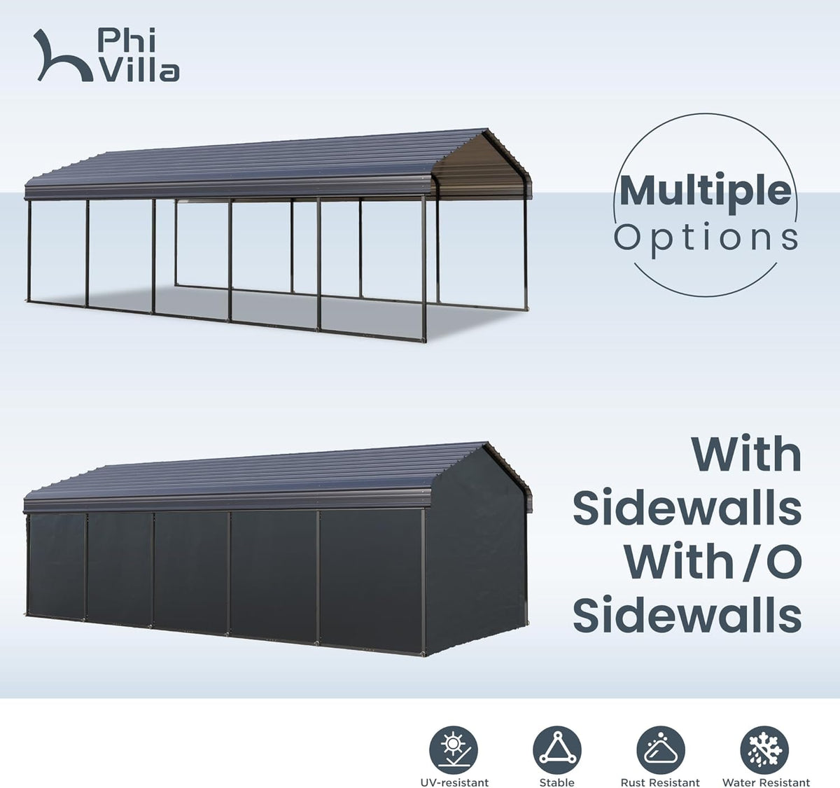 PHI VILLA 12 x 25 ft Heavy Duty Car Port with Galvanized Steel Roof with Sidewalls, Sturdy Metal Carport Kits for Cars, Boats, and Tractors