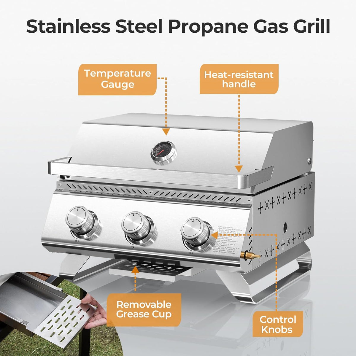 R.W.FLAME Premium 3 Burner Tabletop Propane Gas Grill Stainless Steel Portable Outdoor BBQ Grill with Griddle,24,000 BTU Multi-Zone Cooking,Built-in Thermometer,Backyard,Camping & Patio Gatherings
