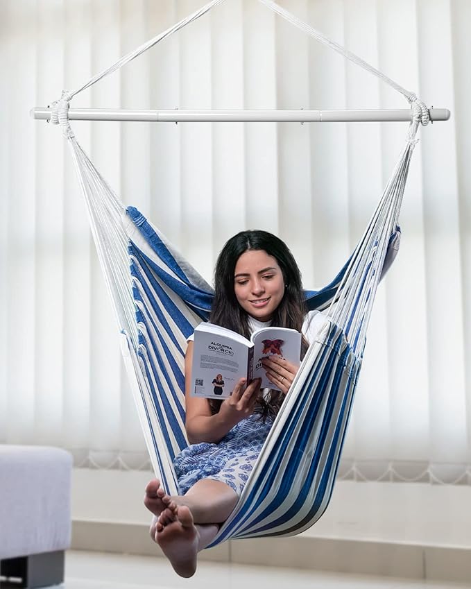 ADVOKAIR Hammock Chair Hanging Chair Rope Swing XXL - Max 500lbs, 70in Large Hammock Swing Chair -Portable Steel Spreader Bar with Anti-Slip Rings-Roomy & Strong