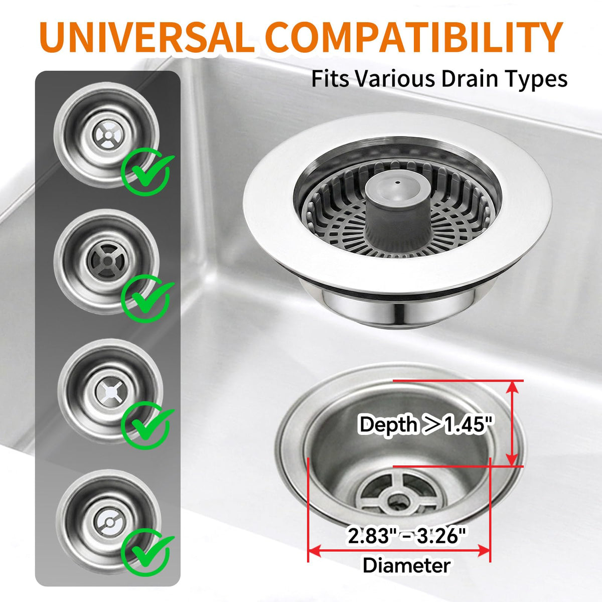 Blazeavian Solid Brass Body 3-in-1 Kitchen Sink Drain Strainer & Stopper, Heavy Duty Pop Up Plug Assembly with 2 Baskets, Anti-Clog Replacement for US Standard 3-1/2 Inch Drains, Rust-Proof Silver