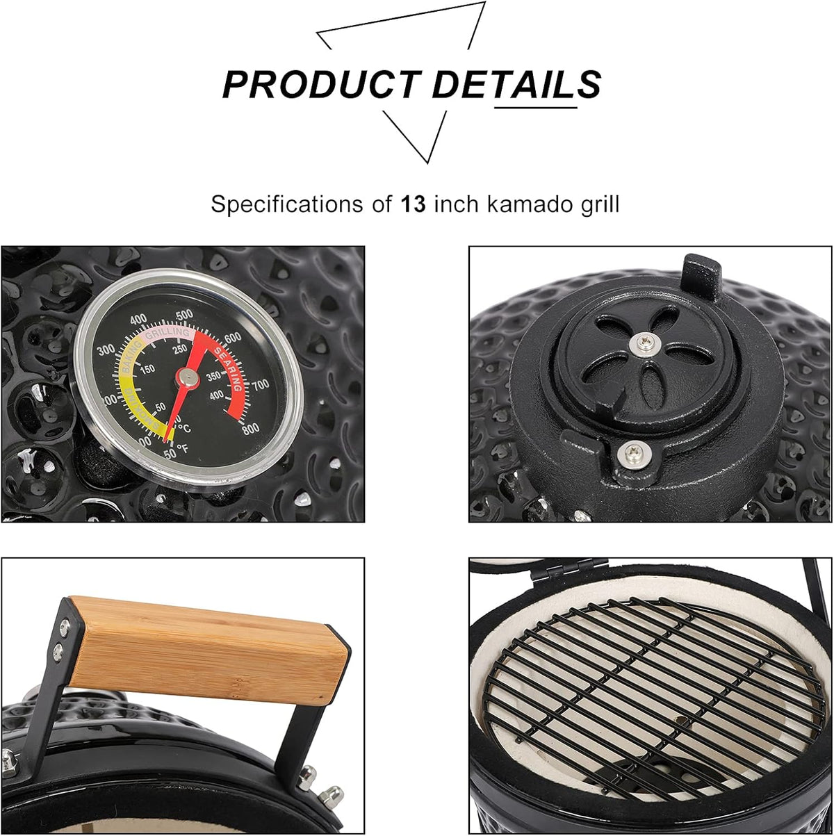 13" Round Ceramic Kamado Charcoal Grill - Heavy-Duty Black Outdoor BBQ Smoker with Heat Retention, Portable Egg Design for Grilling, Smoking, Baking & Roasting (Includes Ash Tool)