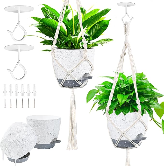 2 Pack Self Watering Hanging Planters Indoor Flower Pots, 6.5 Inch Hanging Pot Macrame Hanging Plant Holders with 2 Hooks Drainage Holes for Garden Home