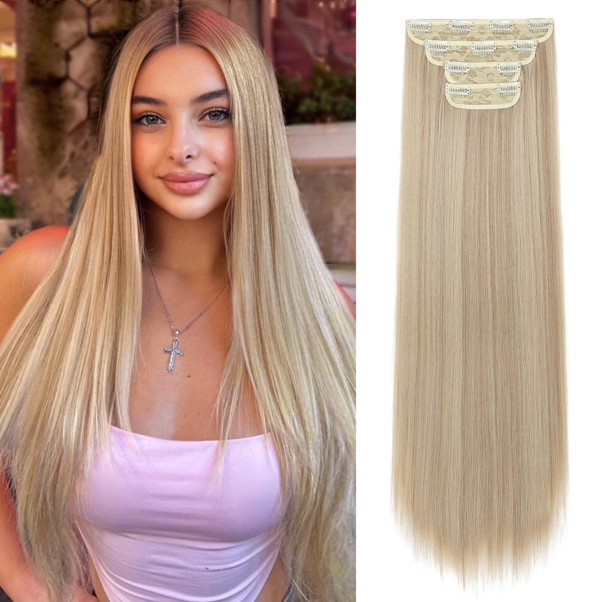 Reecho 20'' Straight Long 4 Pcs Set Thick Clip In On Hair Extensions Dark Ash Blonde