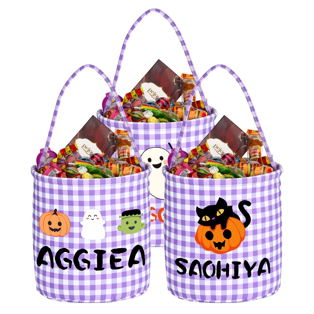 Personalized Halloween Basket, Halloween Candy Bucket with Name Large Capacity Trick or Treat Bags in 5 Colors (Purple)