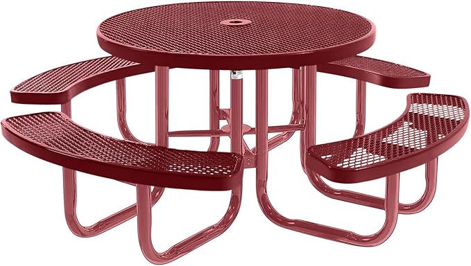 Heavy-Duty Portable Outdoor Picnic Table with Umbrella Hole, Expanded Metal Commercial-Grade Patio Furniture Made in America (46" Round Top, Burgundy with Burgundy Frames)