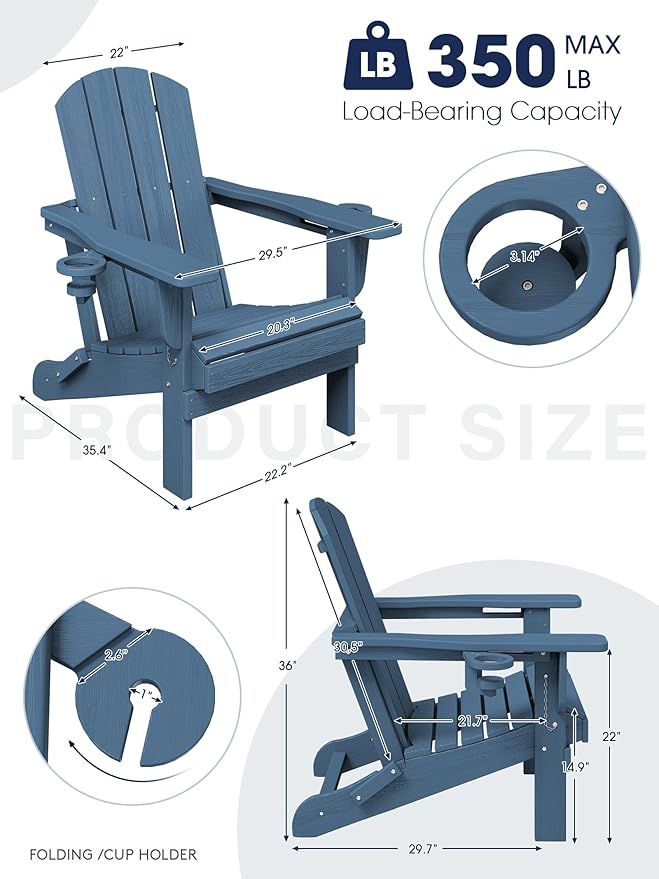 KINGYES Folding Adirondack Chair Set of 2, Dual Cup Holders & All-Weather HDPE, Wood-Like Patio Chair for Backyard, Camping, Pool & Fire Pit, Navy