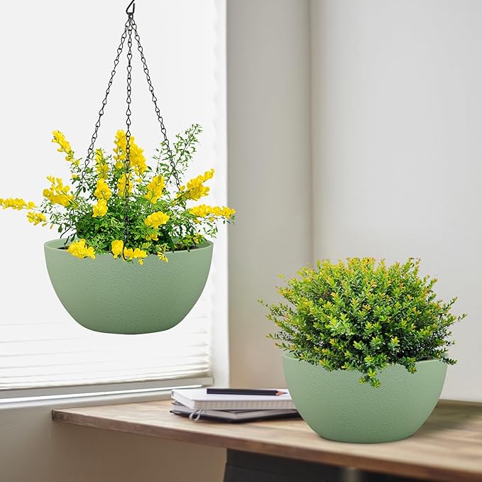 8 inch Small Hanging Planters Plant Pots for Indoor Outdoor Plants, 2 Pack Hanging Flower Pots with Drainage Holes and Chain for Garden Porch, Plastic Hanging Baskets for House Plants, Green