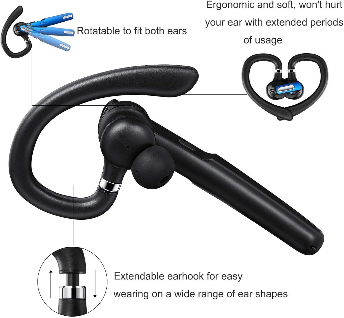 COMEXION Bluetooth Headset, Wireless Bluetooth Earpiece V5.0 Hands-Free Earphones with Stereo Noise Canceling Mic, Compatible iPhone Android Cell Phones Driving/Business/Office