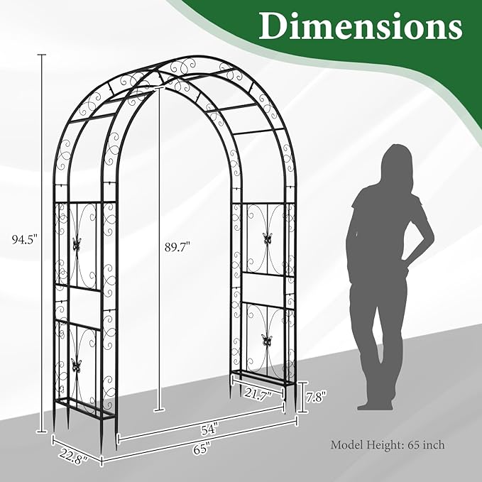 VINGLI Garden Arbor, Arch Archway for Wedding Ceremony Party, Steel Garden Trellis for Plant Climbing, Christmas Garden Decorations Pergola for Garden, Backyard, Lawn (Black, 75.5x22.8x94.5in)