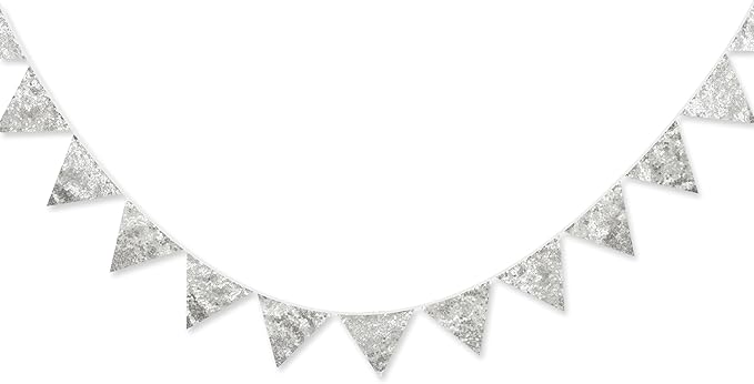 Pinkblume Double Sided Sequin Fabric Triangle Pennant Banner Flag Bunting Garland for Silver Theme Nursery Classroom Home Bedroom Wall Holiday Christmas Decor