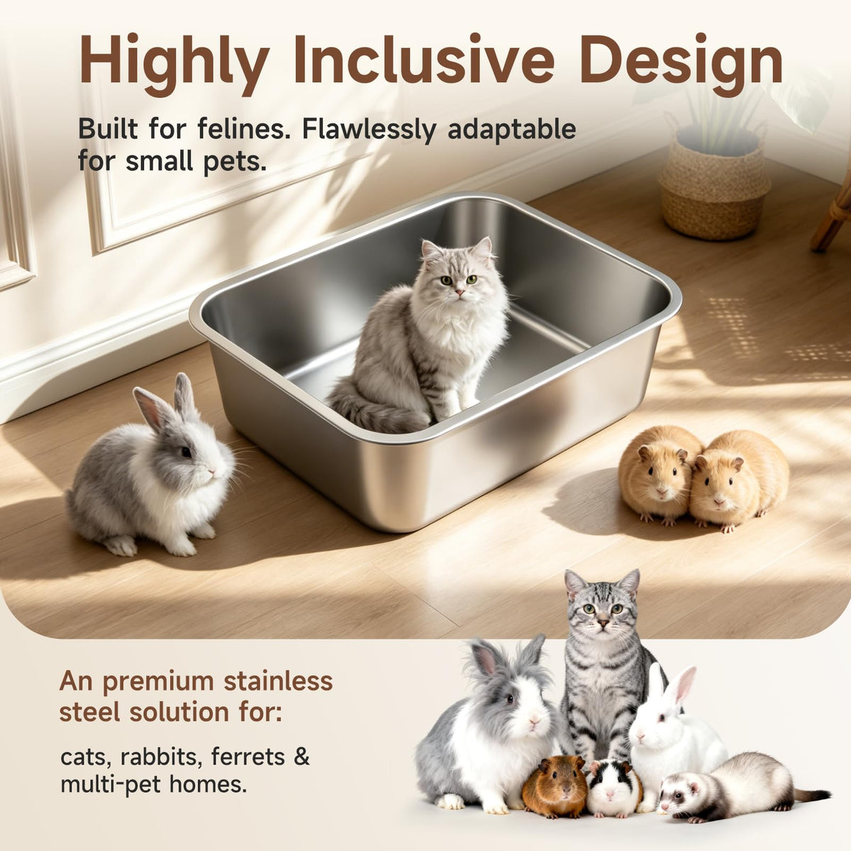 OneBug Stainless Steel High Sides Cat Litter Box,Medium