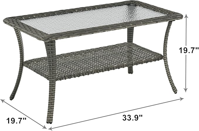Patio Tables Outdoor Coffee Table - Wicker Rattan Coffee Tables with 2-Tier Storage Shelf Glass Top for Outside Proch Deck Balcony Garden Rectangle Mixed Grey