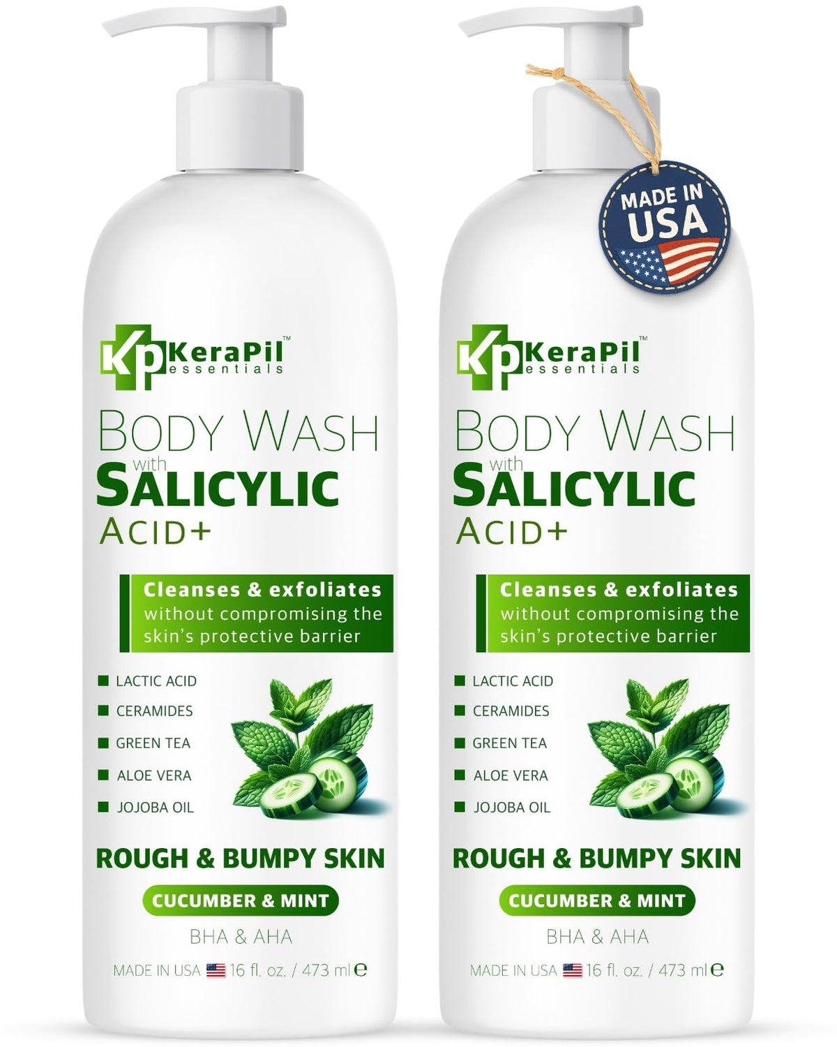 KERAPIL Exfoliating Body Wash, Cucumber and Mint, 16 fl oz x 2
